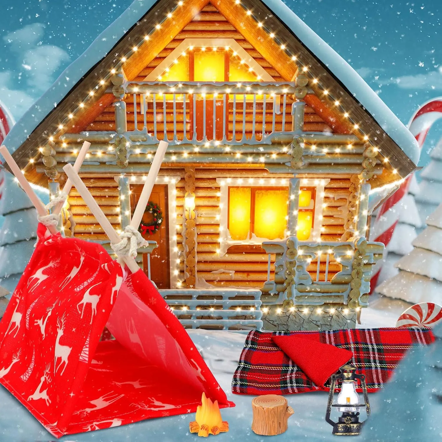 Meooeck 6 Pieces Christmas Accessories Set Including 2 Holiday Clothes Outfit, and 4 Novelty Toy Accessories for Kid(Camping)