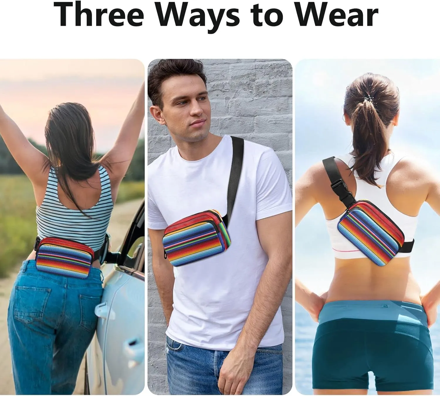 Mexican Serape Blanket Stripes Fanny Pack for Women Men Crossbody Belt Bag Fashion Waist Packs Purse with Adjustable Strap Dupes for Shopping Traveling