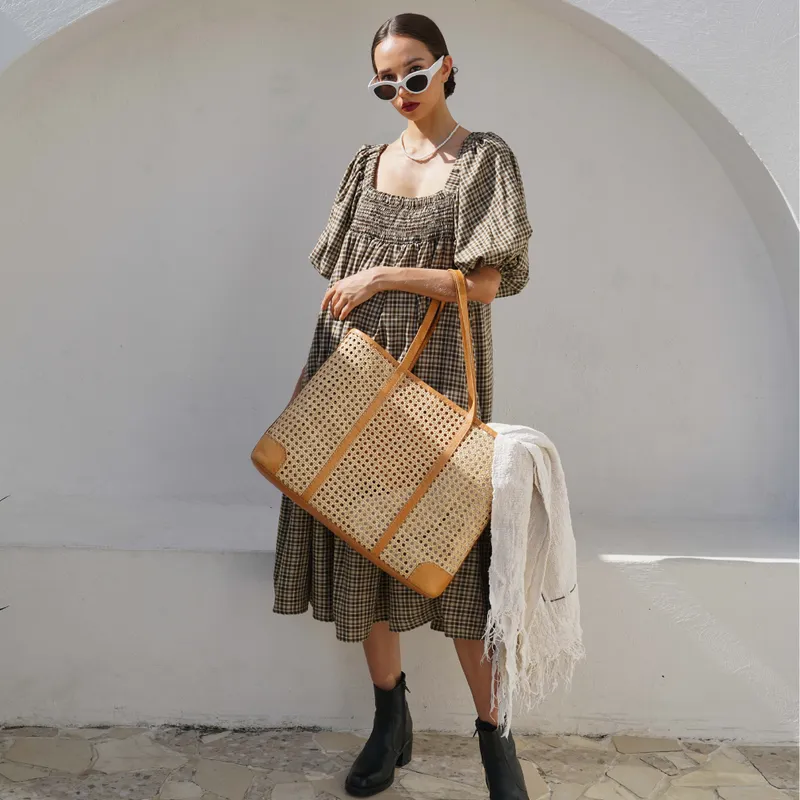 Mia Woven Cane and Leather Tote