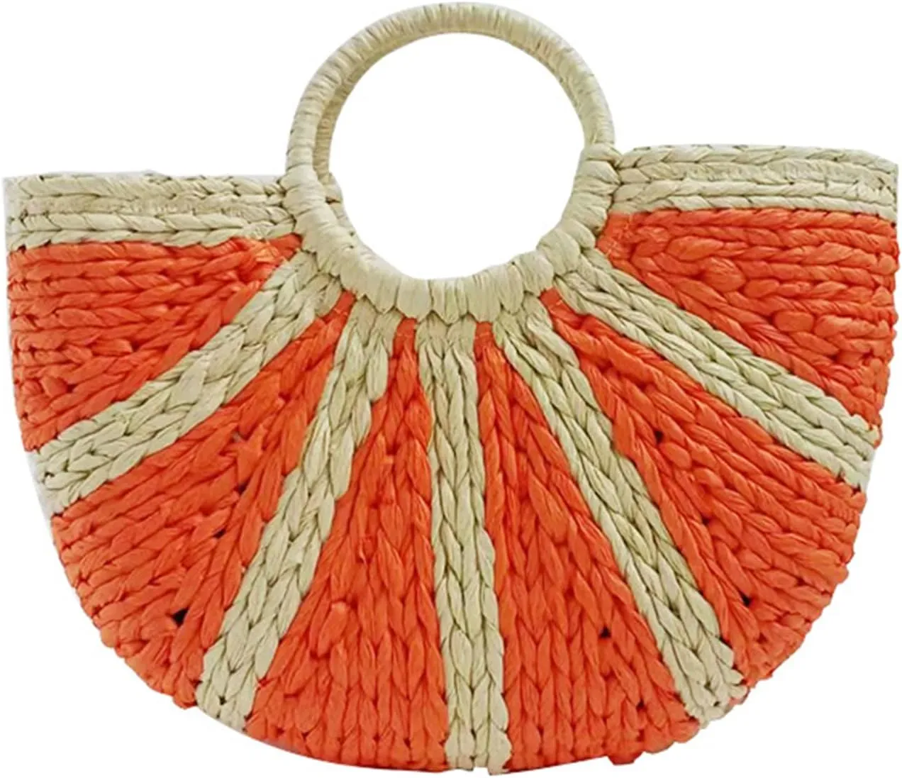 Mini Semi-circle Rattan Straw Bag, Cute Boho Straw Hand-woven Top-handle Handbag Tote Clutch Bags Retro Summer Beach Travel Vacation Bag（Orange,Beige,Khaki）