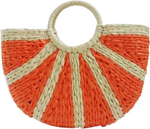 Mini Semi-circle Rattan Straw Bag, Cute Boho Straw Hand-woven Top-handle Handbag Tote Clutch Bags Retro Summer Beach Travel Vacation Bag（Orange,Beige,Khaki）