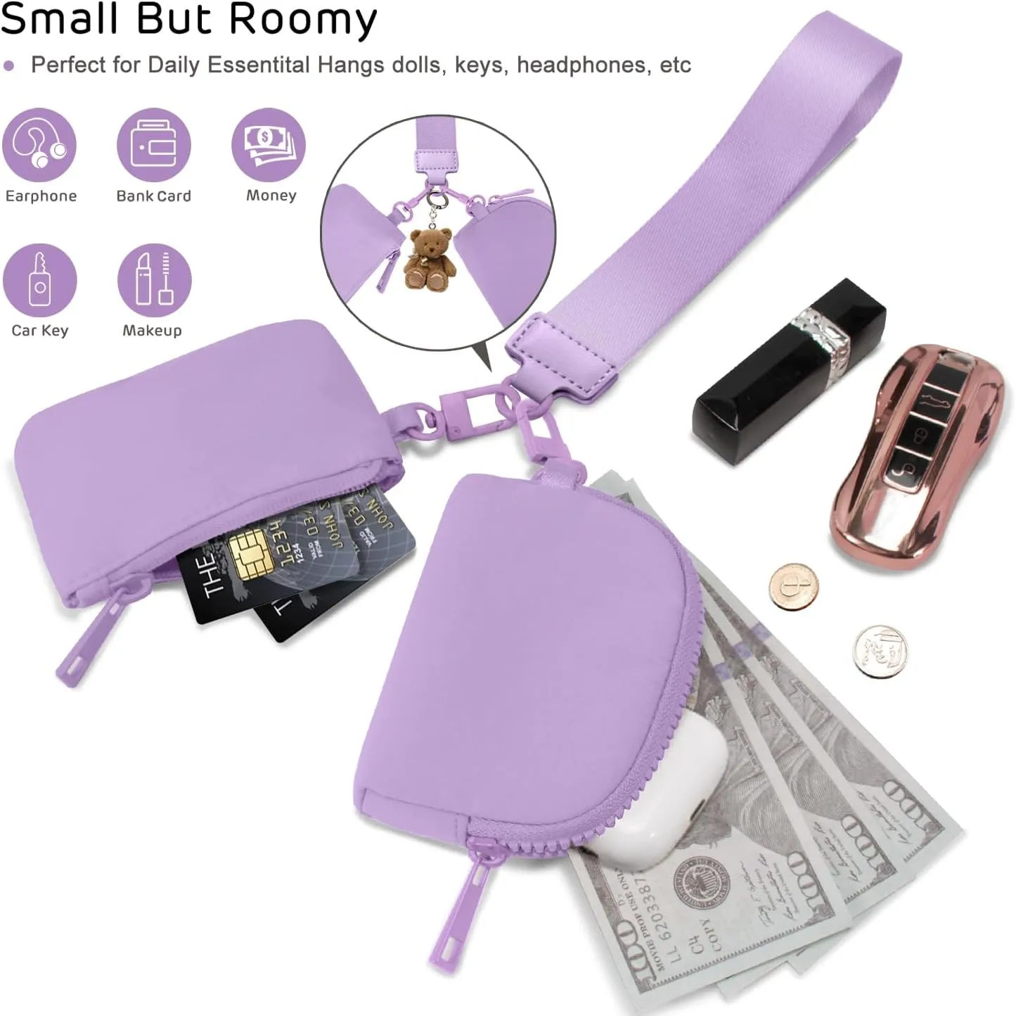 Mini Zip Around Wristlet Wallets for Women Small Portable Coin Purse Dual Pouch Keychain Wristlet Preppy Things Cute Stuff Gifts for Teen Girls (Lavender)