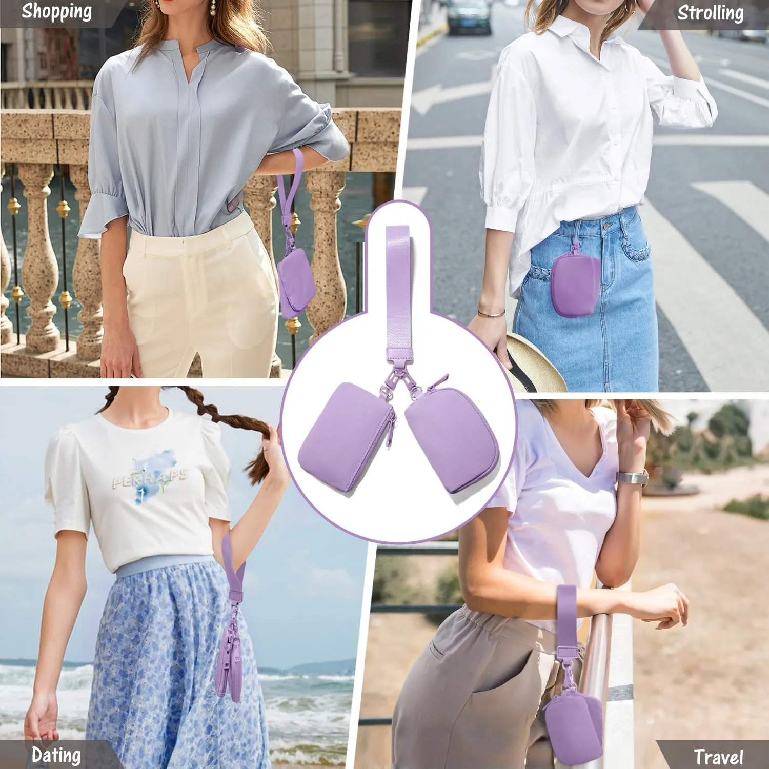 Mini Zip Around Wristlet Wallets for Women Small Portable Coin Purse Dual Pouch Keychain Wristlet Preppy Things Cute Stuff Gifts for Teen Girls (Lavender)