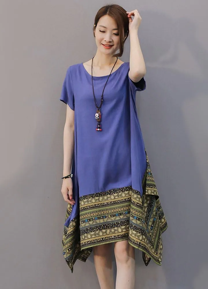 Minibee Women's Ethnic Cotton Linen Short/Long Sleeves Irregular Dress