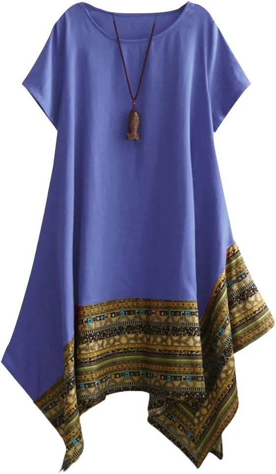 Minibee Women's Ethnic Cotton Linen Short/Long Sleeves Irregular Dress