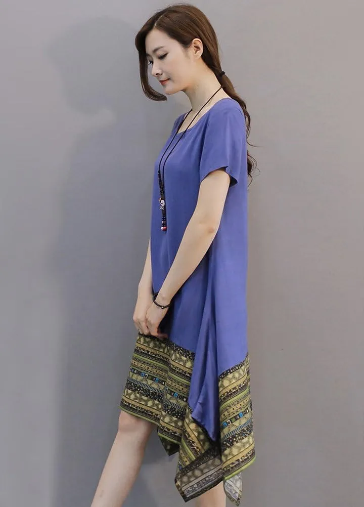Minibee Women's Ethnic Cotton Linen Short/Long Sleeves Irregular Dress