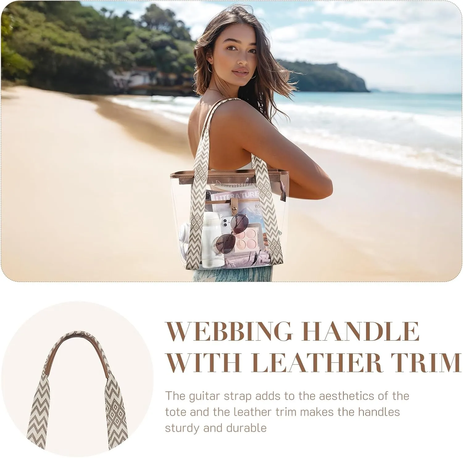 Missnine Clear Tote Bag for Women Clear Bag for Stadium Events with Zipper for Sports Events, Concerts, Work, Beach