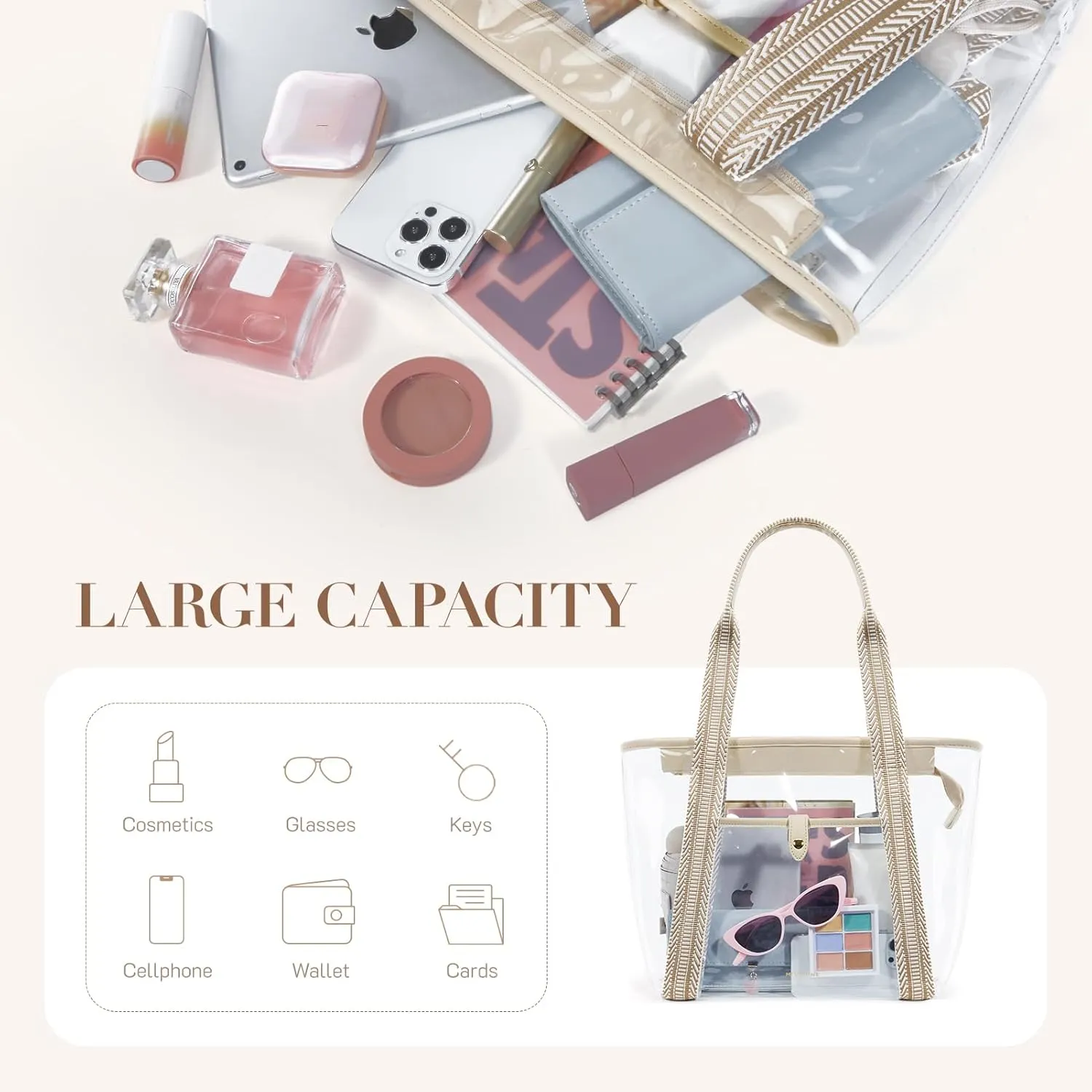 Missnine Clear Tote Bag for Women Clear Bag for Stadium Events with Zipper for Sports Events, Concerts, Work, Beach