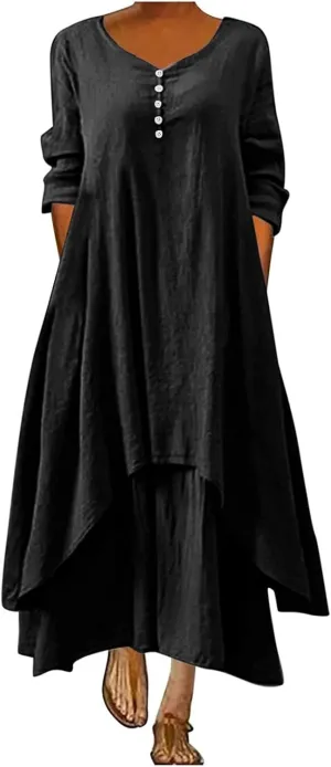 Modest Dresses for Women Casual Cotton Linen Short Sleeve Maxi Dresses Plus Size Flowy Loose Fit Long Sundresses