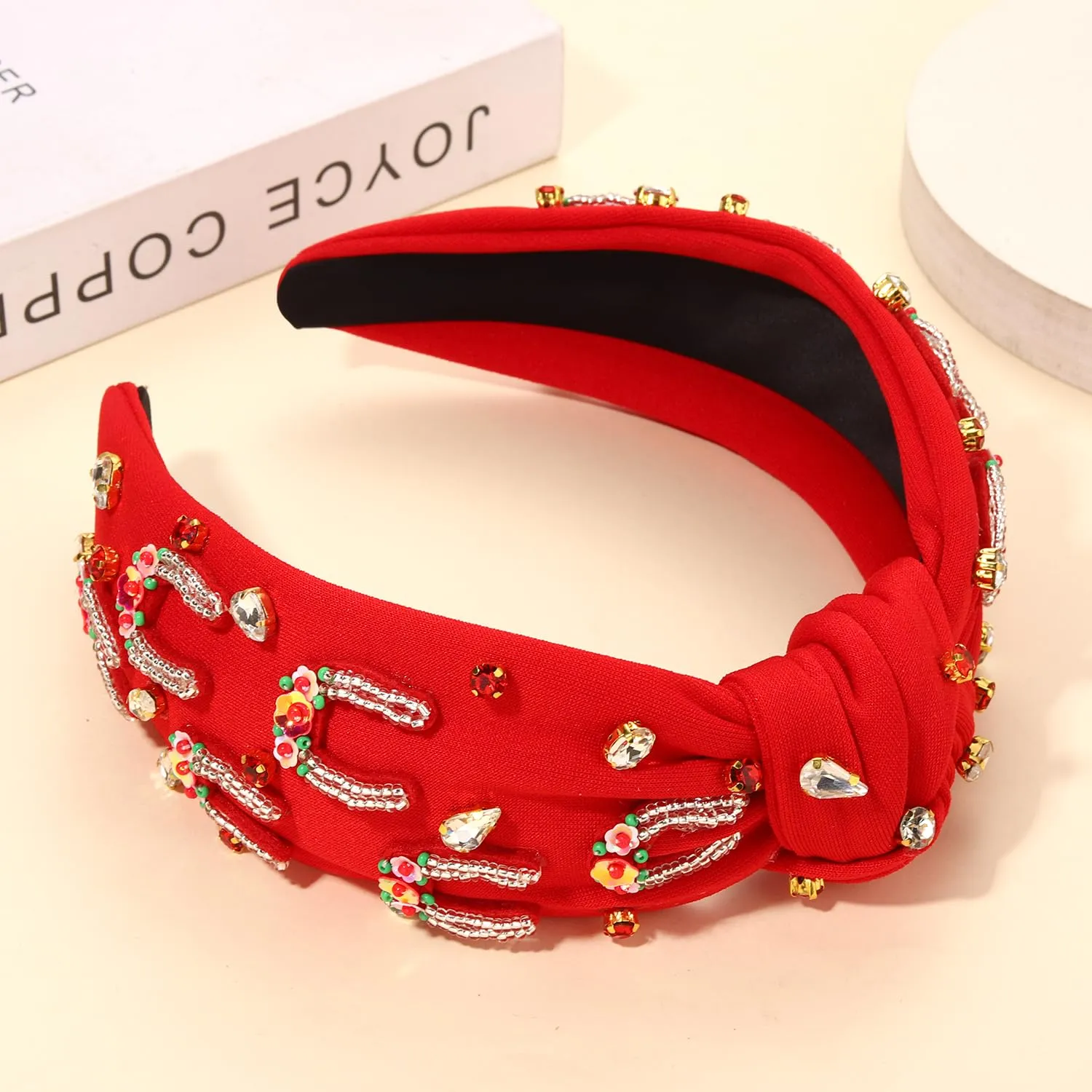 mokkia Beaded Rhinestone Crystal Horseshoe Headband for Women - Derby Hair Accessory with Red Top Knot