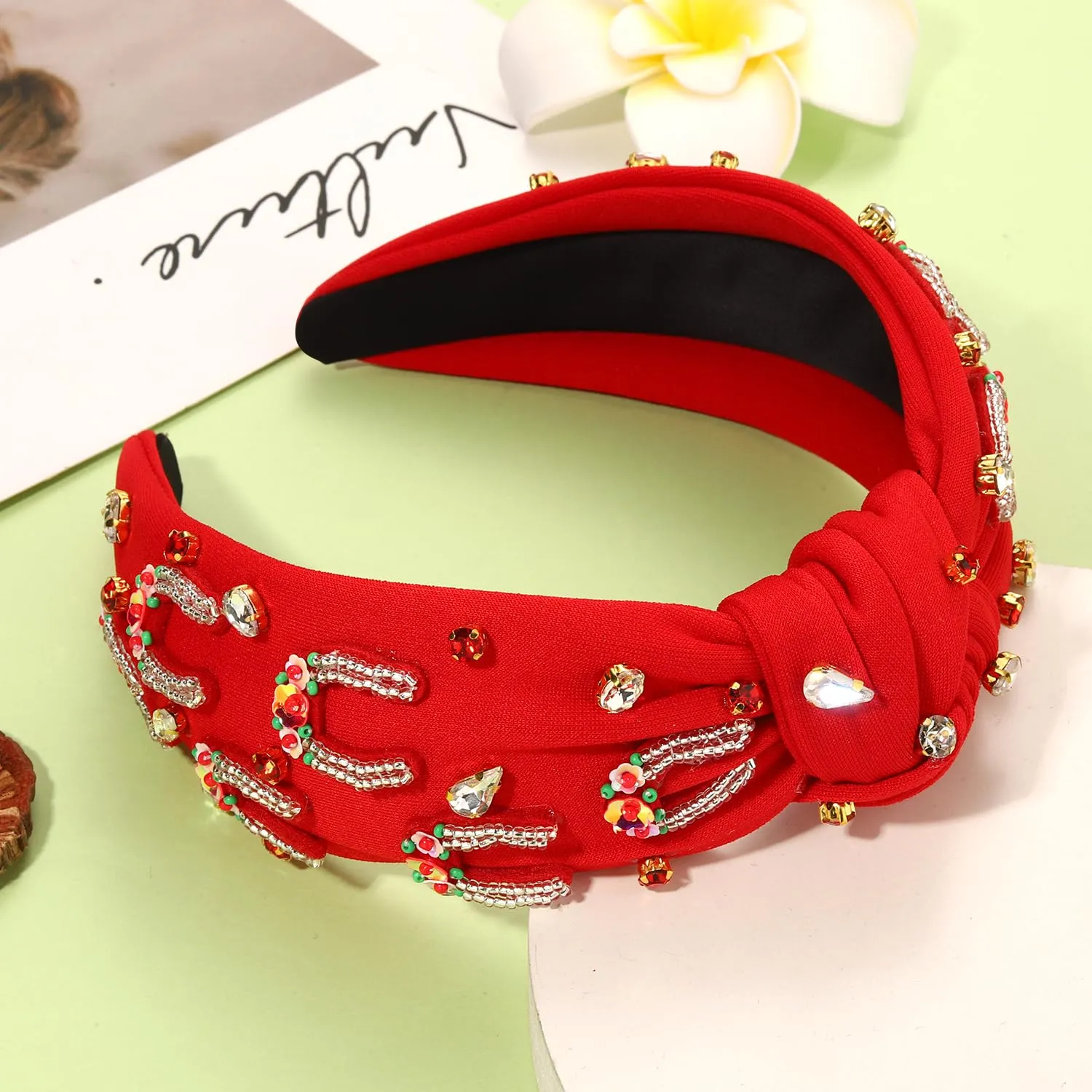 mokkia Beaded Rhinestone Crystal Horseshoe Headband for Women - Derby Hair Accessory with Red Top Knot