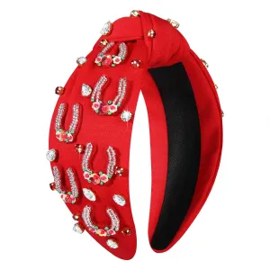 mokkia Beaded Rhinestone Crystal Horseshoe Headband for Women - Derby Hair Accessory with Red Top Knot