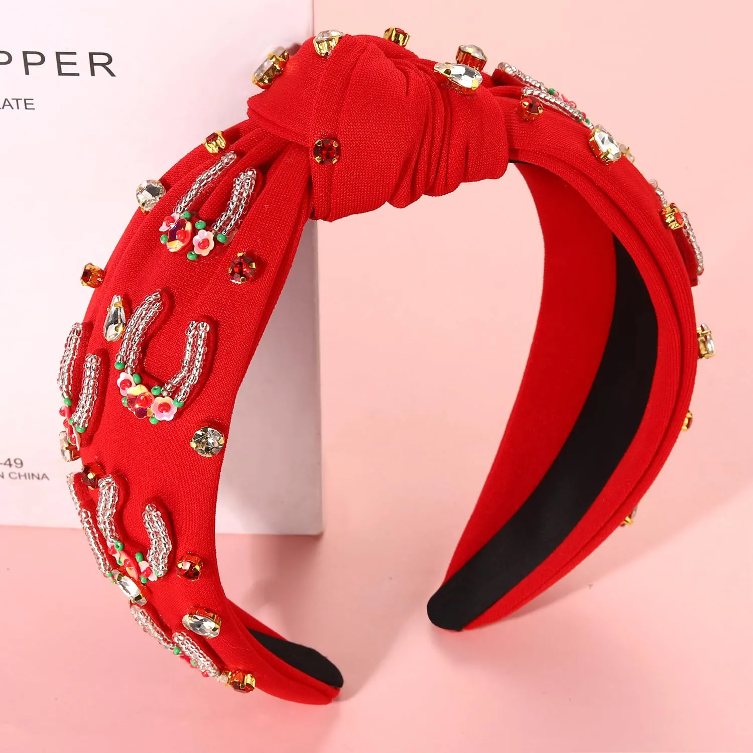 mokkia Beaded Rhinestone Crystal Horseshoe Headband for Women - Derby Hair Accessory with Red Top Knot