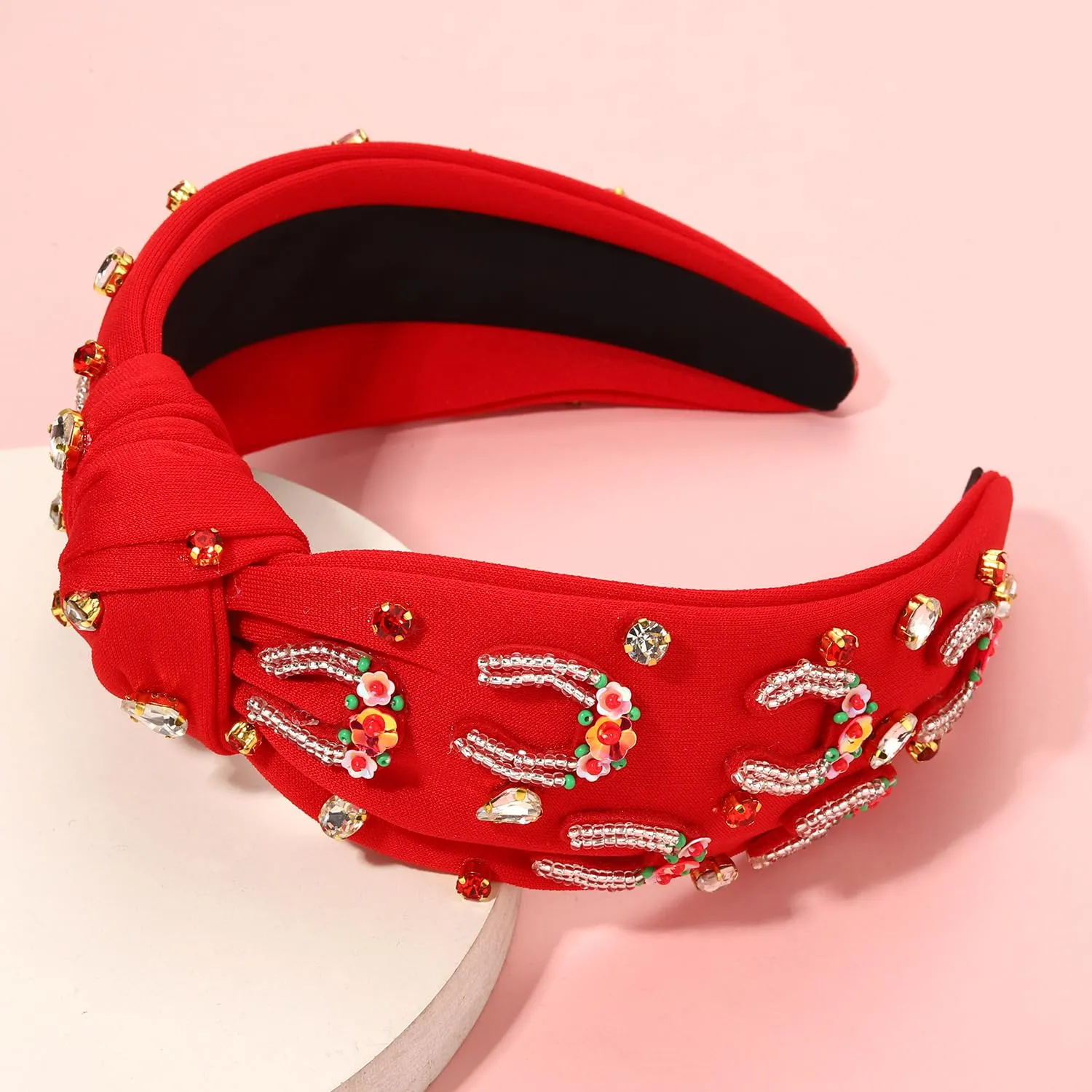 mokkia Beaded Rhinestone Crystal Horseshoe Headband for Women - Derby Hair Accessory with Red Top Knot