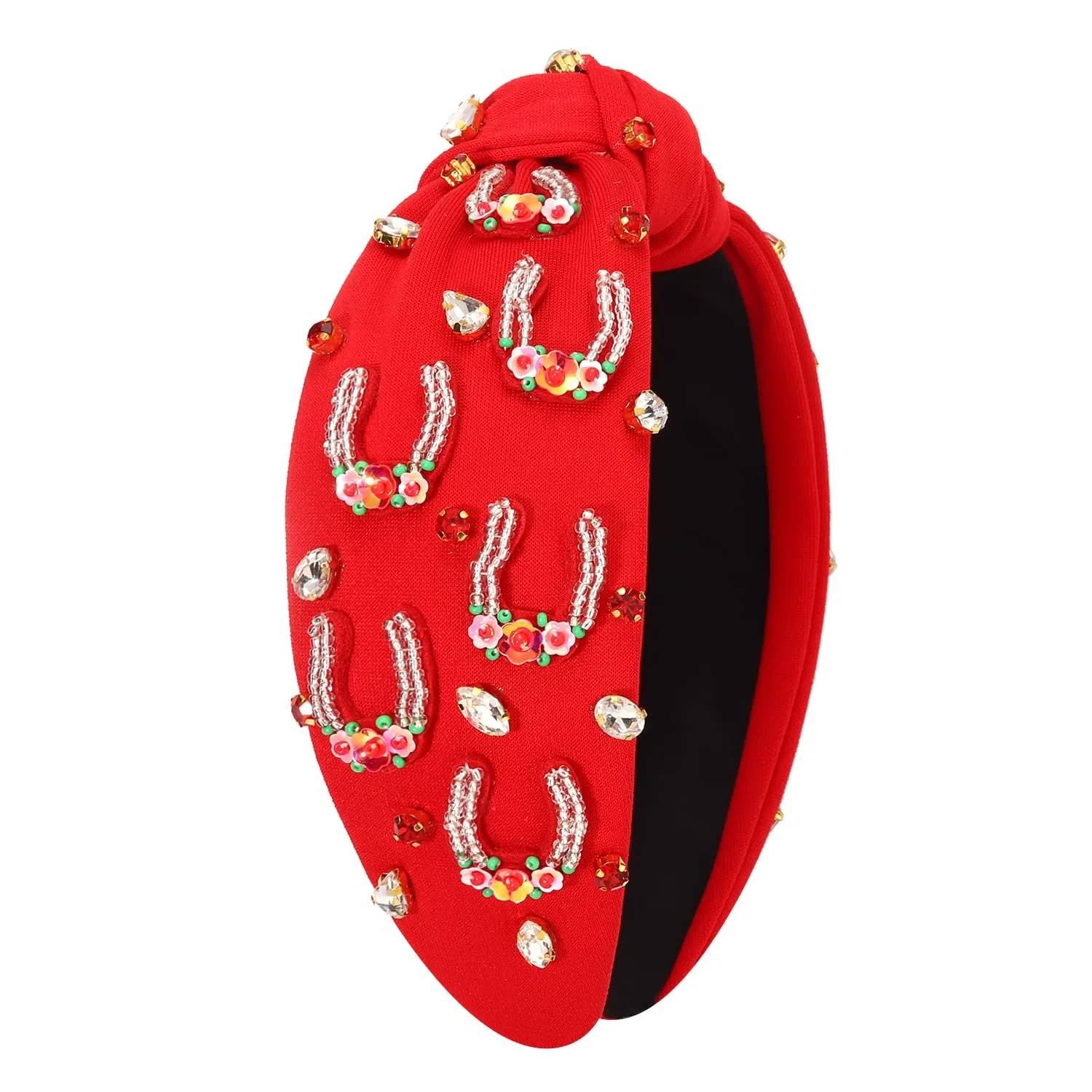 mokkia Beaded Rhinestone Crystal Horseshoe Headband for Women - Derby Hair Accessory with Red Top Knot