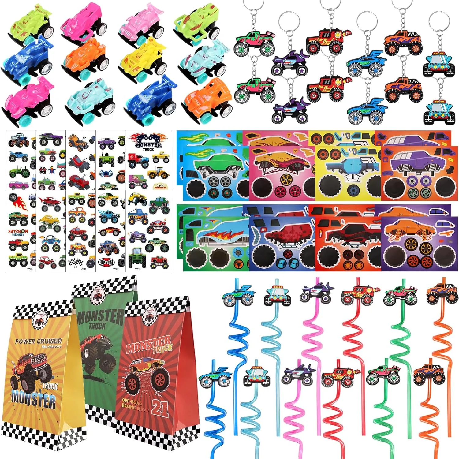 Monster Truck Party Favors Serve 12 including Drinking Straws, Mini Pull Cars, Keychains, Gift Bags, DIY Stickers, Temporary Tattoos, Monster Truck Party Supplies for Kids, Boys, Birthday