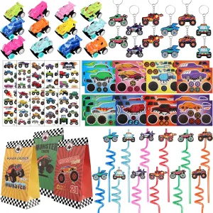 Monster Truck Party Favors Serve 12 including Drinking Straws, Mini Pull Cars, Keychains, Gift Bags, DIY Stickers, Temporary Tattoos, Monster Truck Party Supplies for Kids, Boys, Birthday
