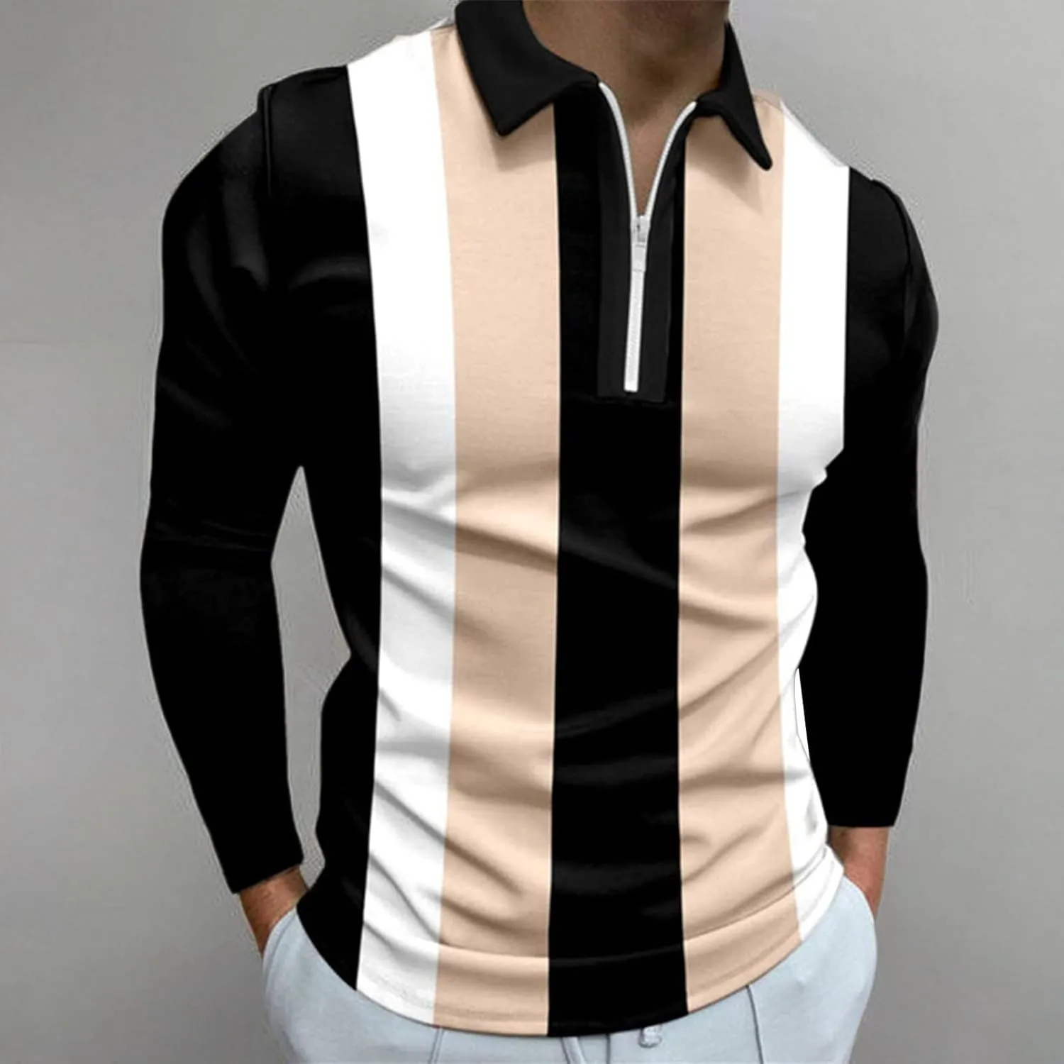 MorwenVeo Men's Fashion Polo Shirts Casual Long Sleeve Golf Shirts Color Block Cotton Tops