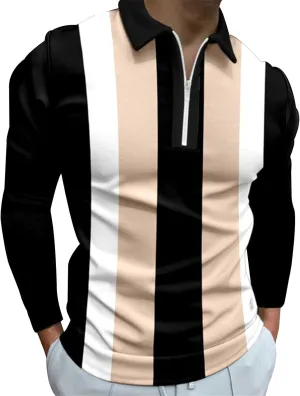 MorwenVeo Men's Fashion Polo Shirts Casual Long Sleeve Golf Shirts Color Block Cotton Tops