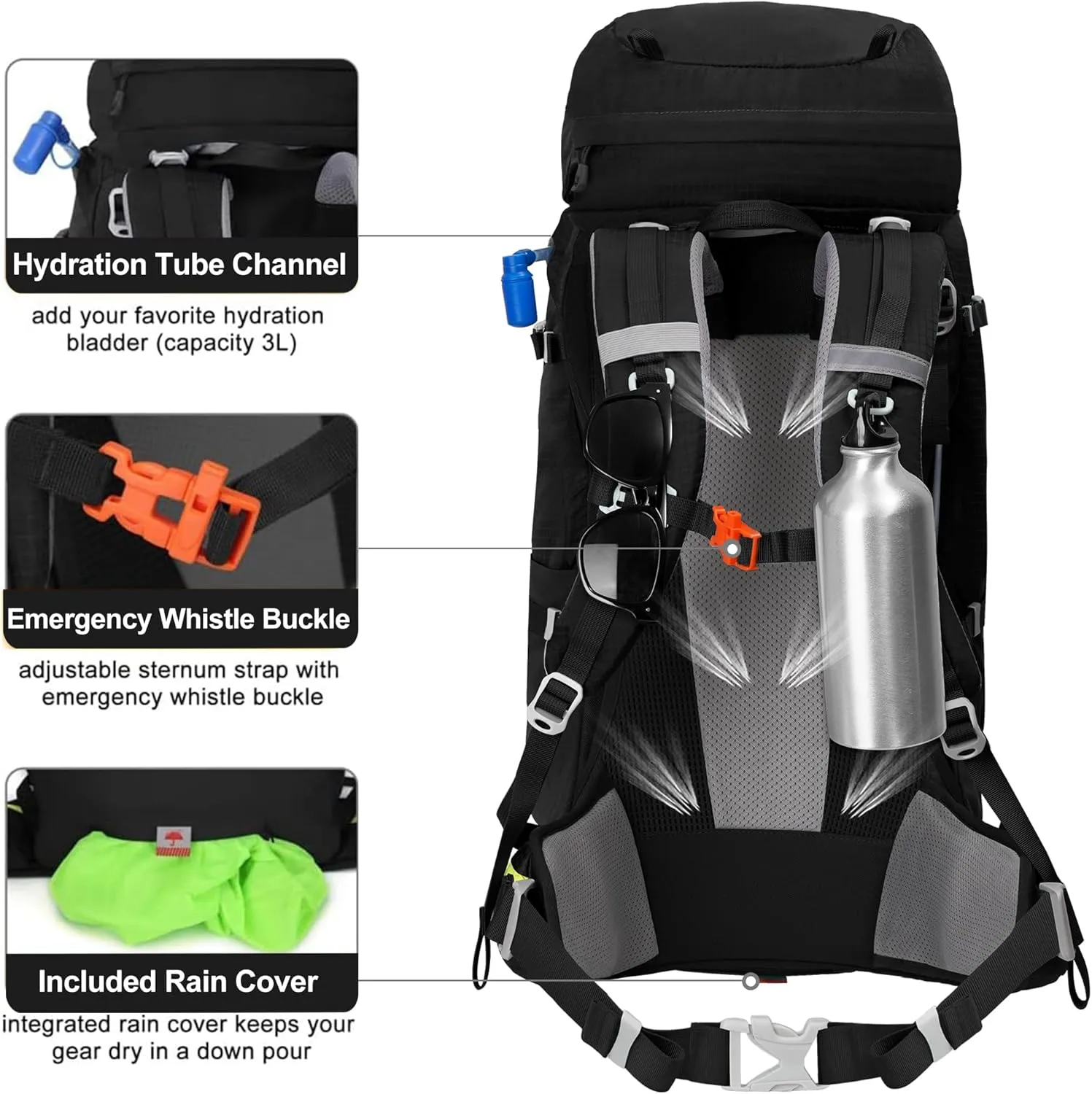 N NEVO RHINO Internal Frame Hiking Backpack 50/60/65/70/80L, Mountain Climbing Camping Backpack Daypack Waterproof Rain Cover