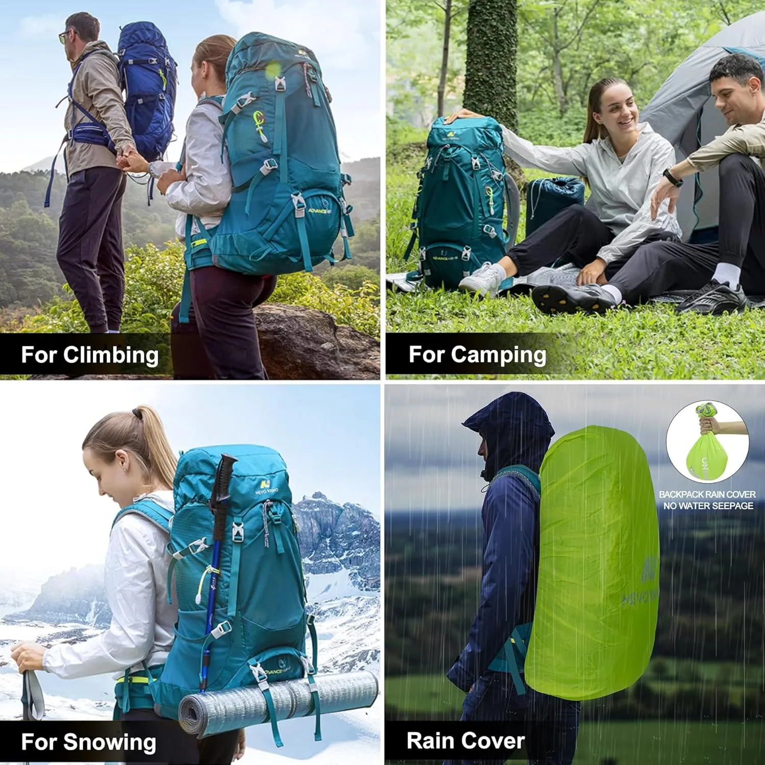 N NEVO RHINO Internal Frame Hiking Backpack 50/60/65/70/80L, Mountain Climbing Camping Backpack Daypack Waterproof Rain Cover