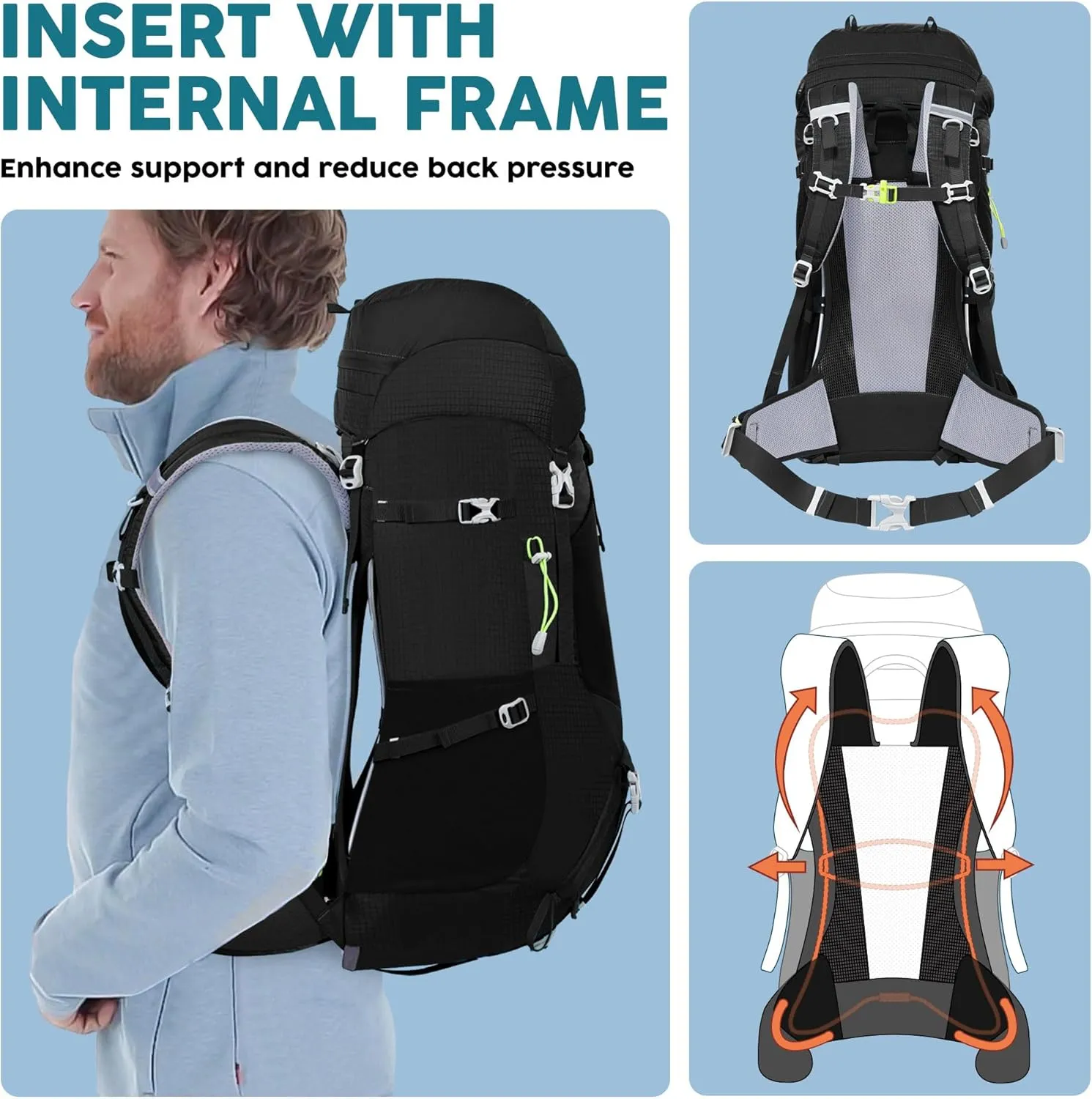 N NEVO RHINO Internal Frame Hiking Backpack 50/60/65/70/80L, Mountain Climbing Camping Backpack Daypack Waterproof Rain Cover