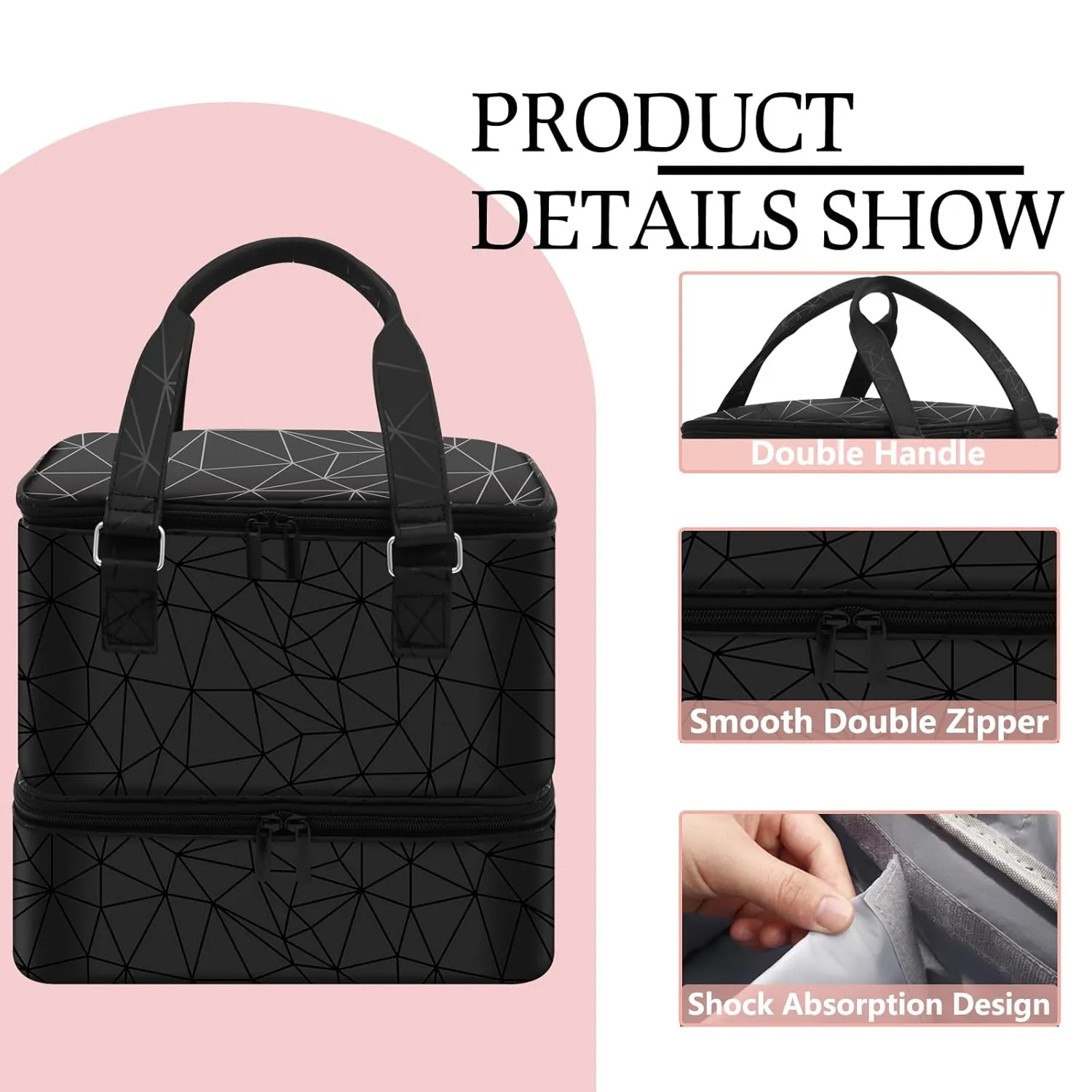 Nail Polish Organizer Case - Holds 42  Bottles (15ml/0.5 fl.oz) and 1 Nail Lamp, Upgraded Double-layer Nail Polish Carrying Case Nail Polish Storage Bag with Handles (Black)