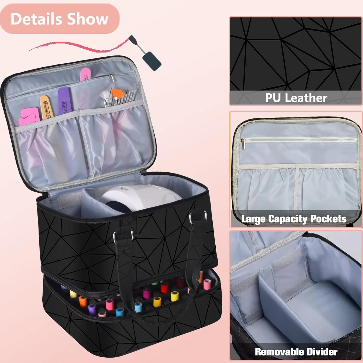 Nail Polish Organizer Case - Holds 42  Bottles (15ml/0.5 fl.oz) and 1 Nail Lamp, Upgraded Double-layer Nail Polish Carrying Case Nail Polish Storage Bag with Handles (Black)