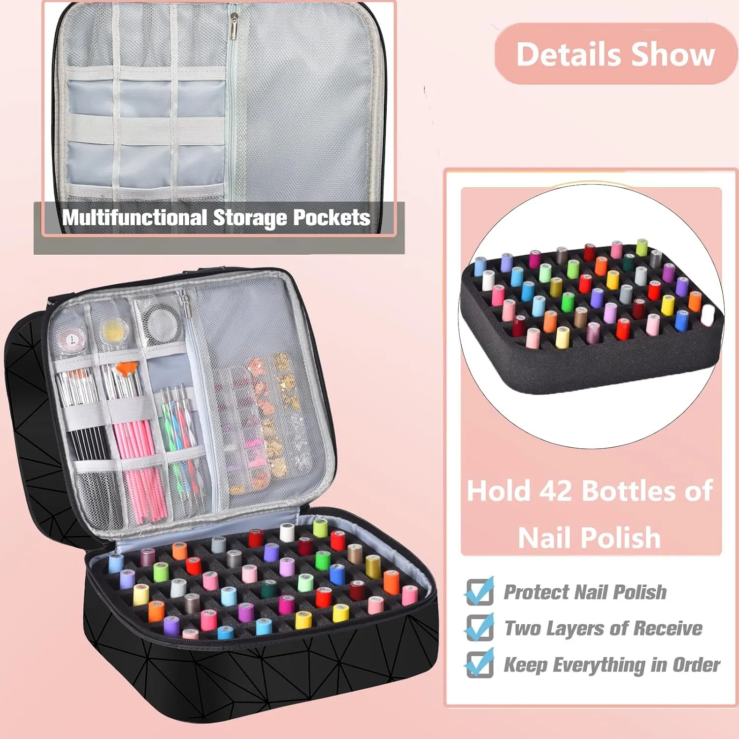 Nail Polish Organizer Case - Holds 42  Bottles (15ml/0.5 fl.oz) and 1 Nail Lamp, Upgraded Double-layer Nail Polish Carrying Case Nail Polish Storage Bag with Handles (Black)