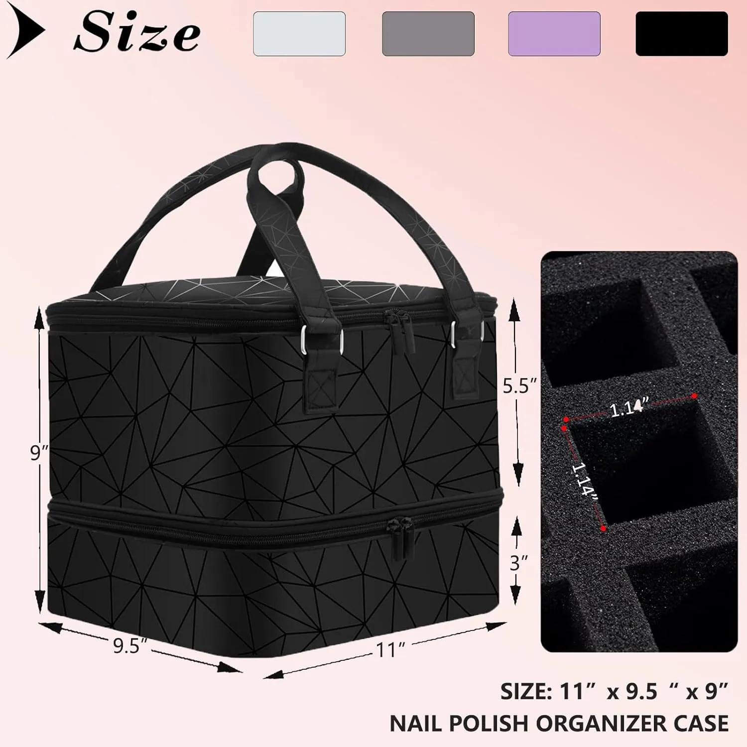Nail Polish Organizer Case - Holds 42  Bottles (15ml/0.5 fl.oz) and 1 Nail Lamp, Upgraded Double-layer Nail Polish Carrying Case Nail Polish Storage Bag with Handles (Black)