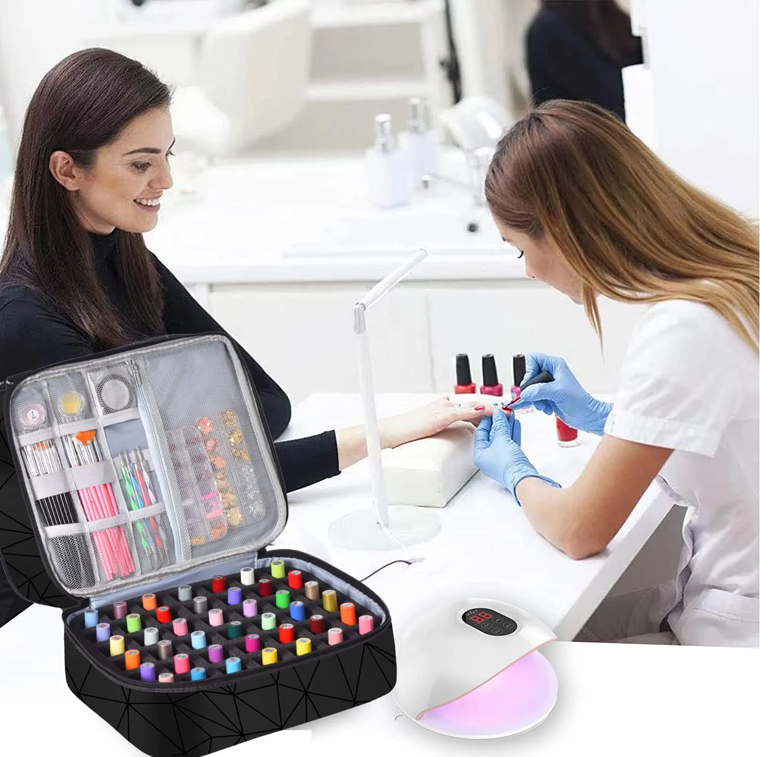 Nail Polish Organizer Case - Holds 42  Bottles (15ml/0.5 fl.oz) and 1 Nail Lamp, Upgraded Double-layer Nail Polish Carrying Case Nail Polish Storage Bag with Handles (Black)