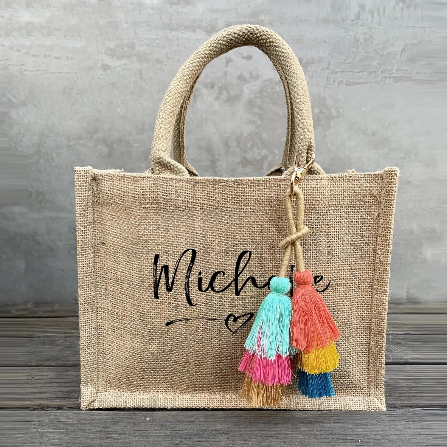Name Design Burlap Tote Bags - Personalized Bridesmaid Bags and Charm Tassel - Bachelorette Party Bags - Boho Jute Gift Bag