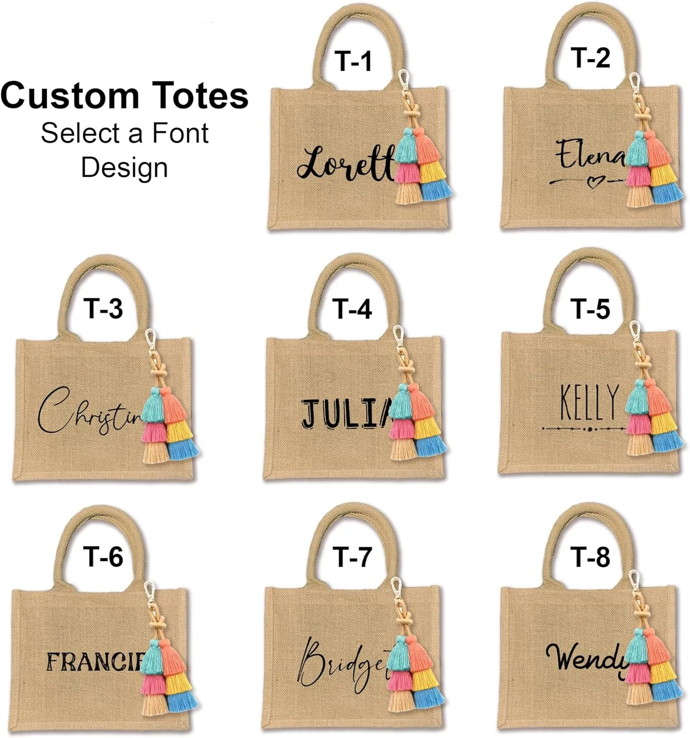 Name Design Burlap Tote Bags - Personalized Bridesmaid Bags and Charm Tassel - Bachelorette Party Bags - Boho Jute Gift Bag