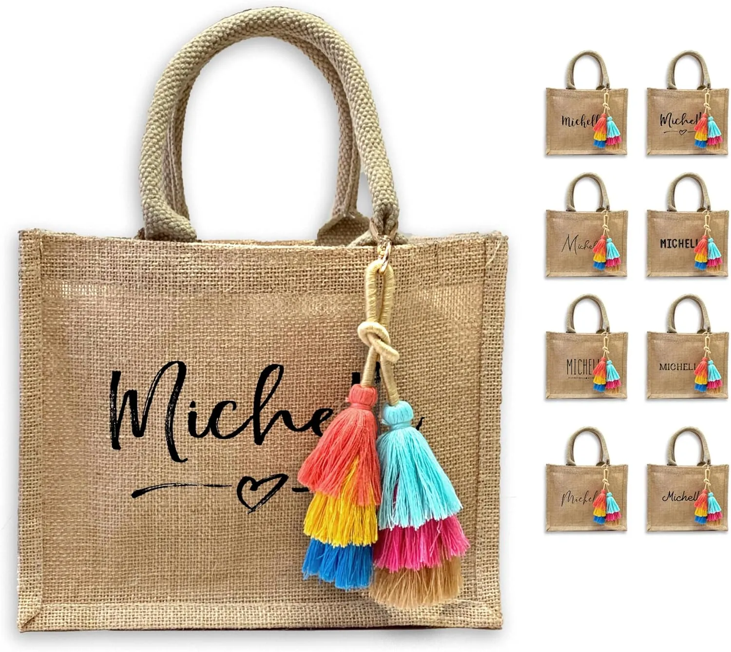 Name Design Burlap Tote Bags - Personalized Bridesmaid Bags and Charm Tassel - Bachelorette Party Bags - Boho Jute Gift Bag