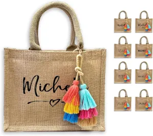 Name Design Burlap Tote Bags - Personalized Bridesmaid Bags and Charm Tassel - Bachelorette Party Bags - Boho Jute Gift Bag