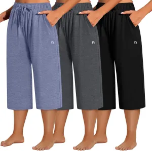 Neer 3 Pack Women's Plus Size Capris, Cotton Wide Leg Pants Casual Drawstring Capri Sweatpants Drawstring Pants with Pockets