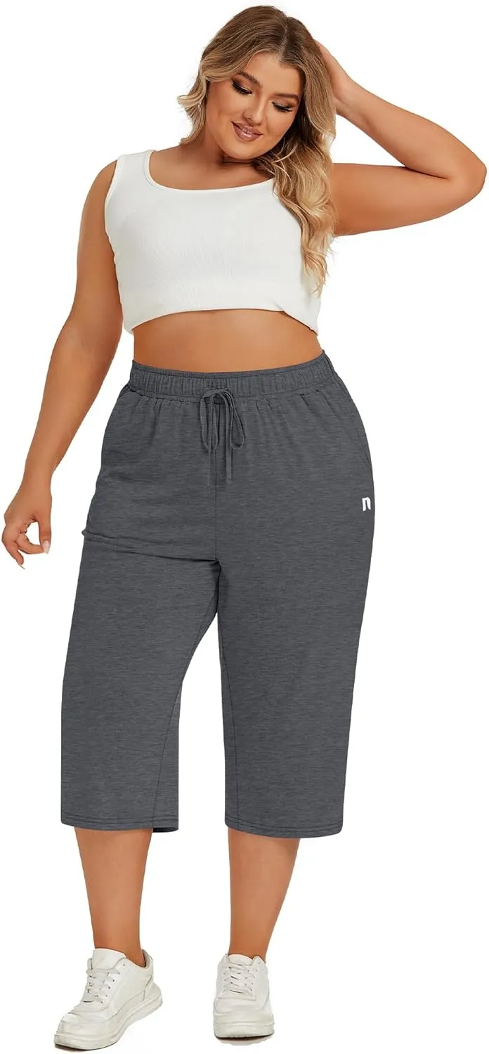 Neer 3 Pack Women's Plus Size Capris, Cotton Wide Leg Pants Casual Drawstring Capri Sweatpants Drawstring Pants with Pockets