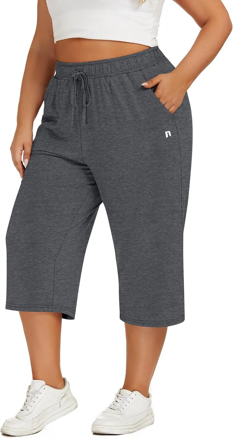 Neer 3 Pack Women's Plus Size Capris, Cotton Wide Leg Pants Casual Drawstring Capri Sweatpants Drawstring Pants with Pockets