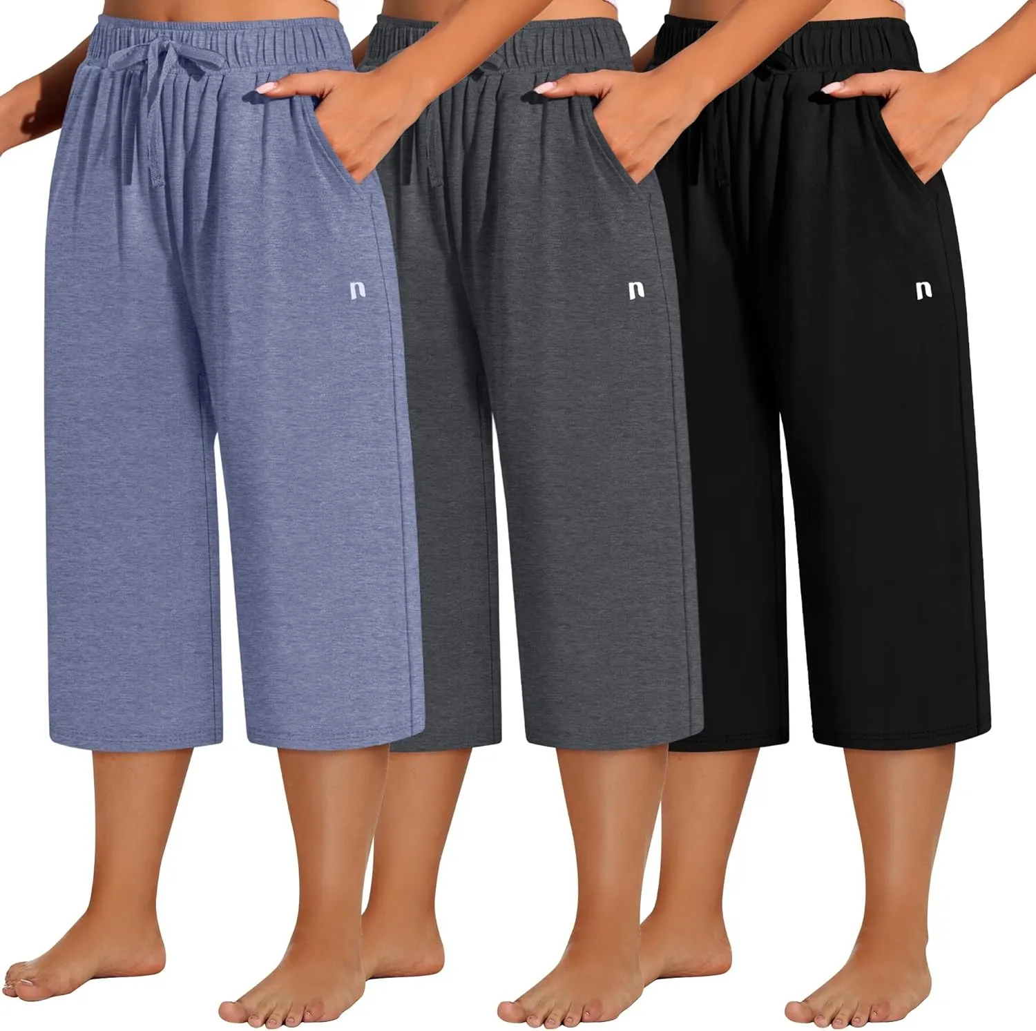 Neer 3 Pack Women's Plus Size Capris, Cotton Wide Leg Pants Casual Drawstring Capri Sweatpants Drawstring Pants with Pockets