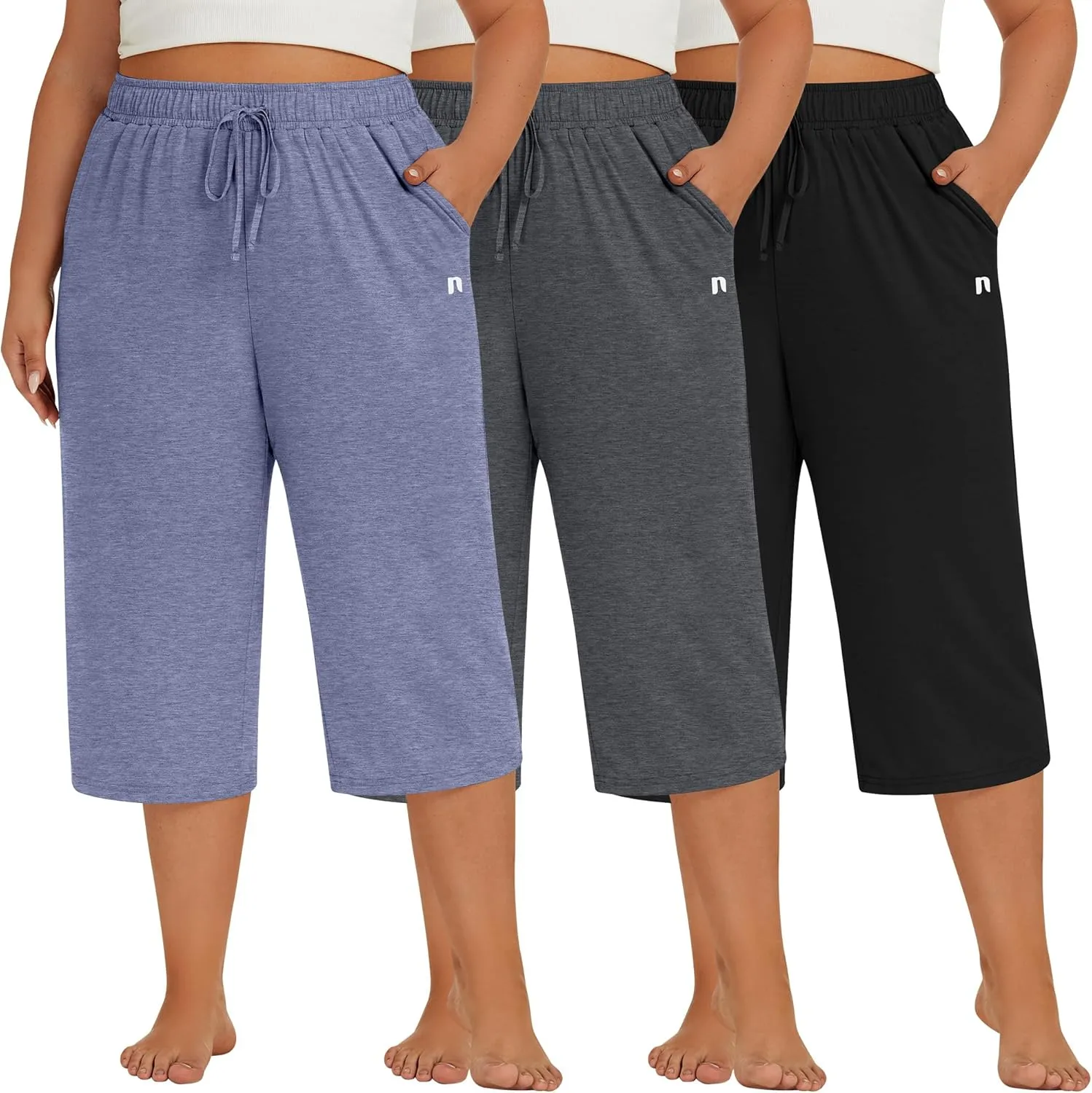 Neer 3 Pack Women's Plus Size Capris, Cotton Wide Leg Pants Casual Drawstring Capri Sweatpants Drawstring Pants with Pockets