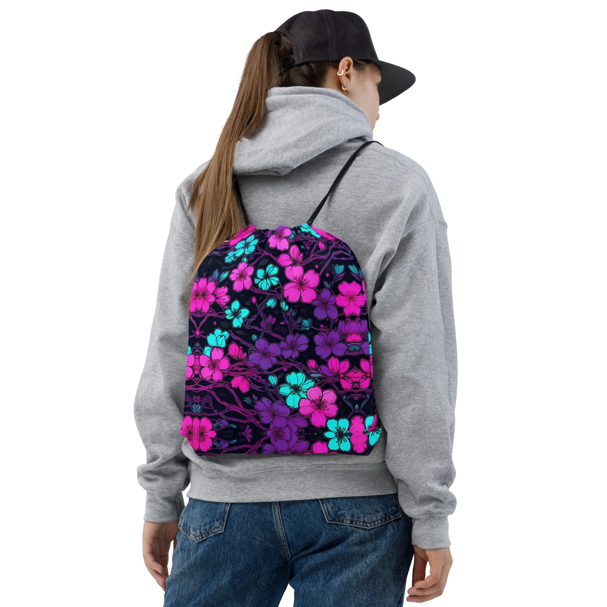 Neon Hawaiian Flower Drawstring bag