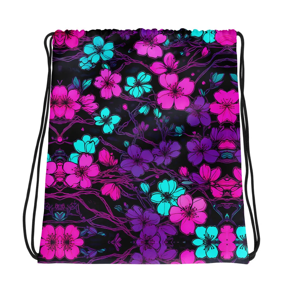 Neon Hawaiian Flower Drawstring bag