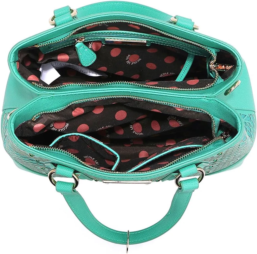 Nicole Lee Vegan Leather Tote, Floral Pattern with Rhinestones, Dual Handles