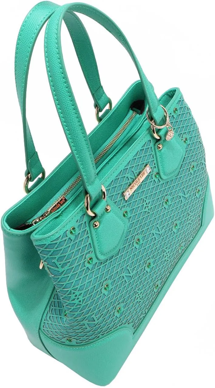 Nicole Lee Vegan Leather Tote, Floral Pattern with Rhinestones, Dual Handles