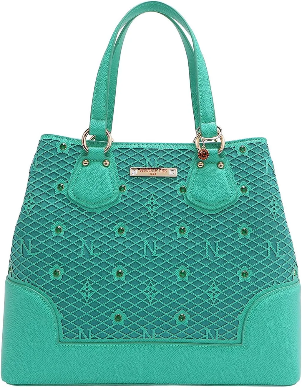 Nicole Lee Vegan Leather Tote, Floral Pattern with Rhinestones, Dual Handles