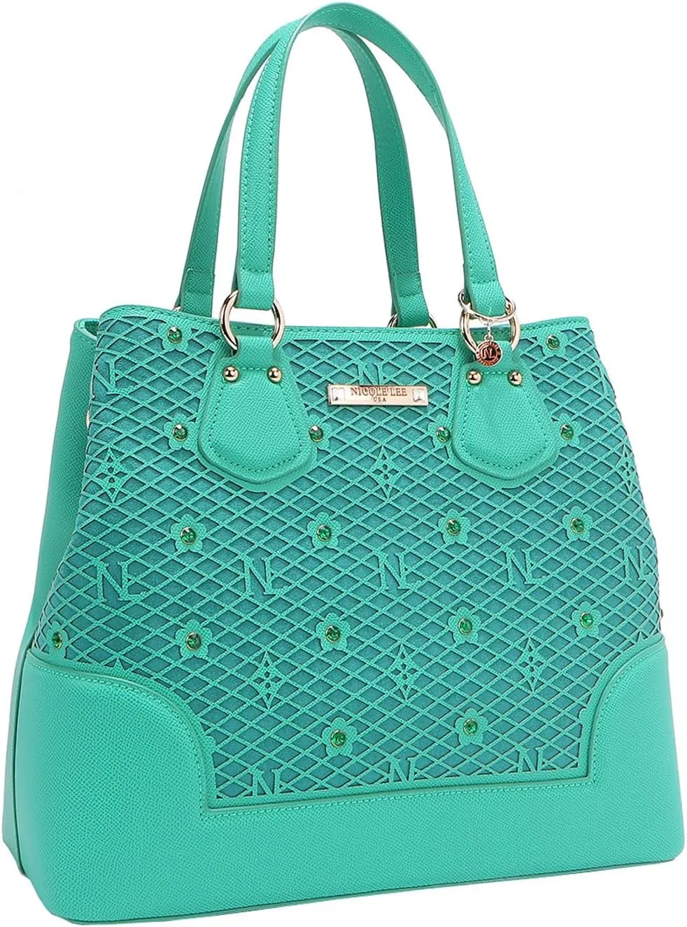 Nicole Lee Vegan Leather Tote, Floral Pattern with Rhinestones, Dual Handles