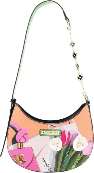 Nicole Lee Violet Blossom Shoulder Bag, Vegan Leather, Beaded Applique