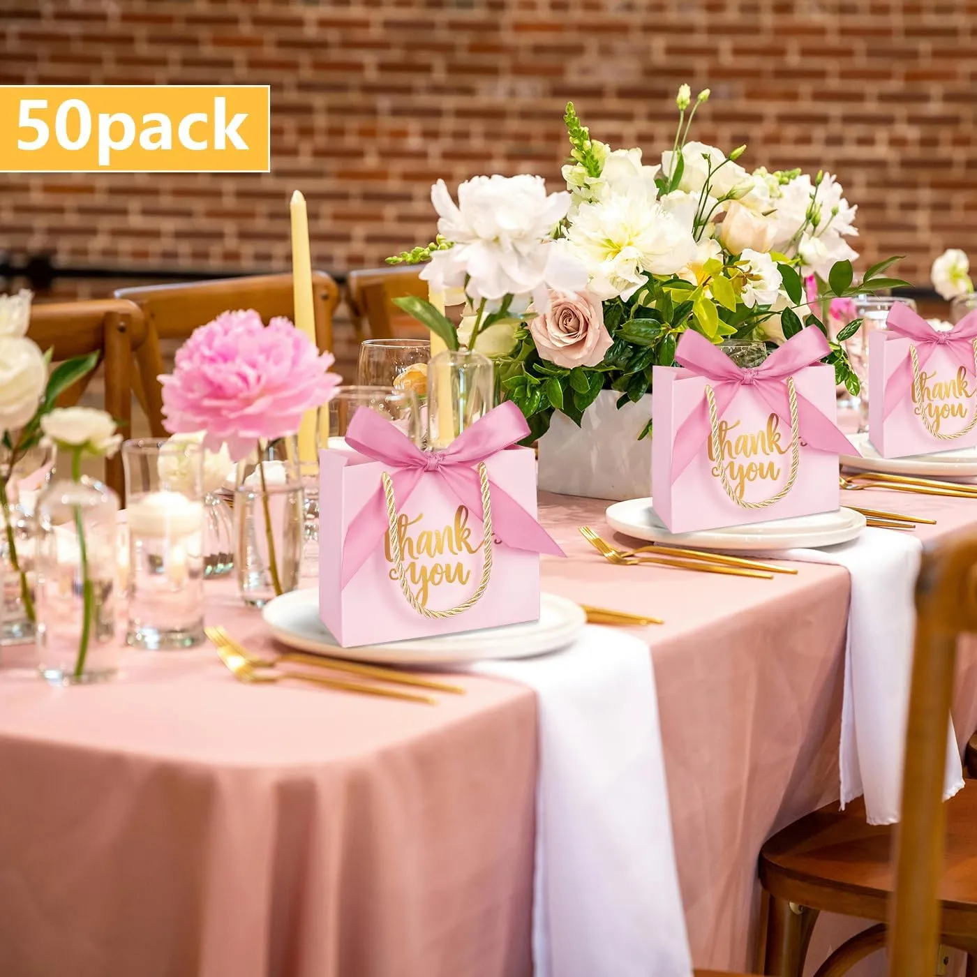 Nimbbex 50Pack Thank You Gift Bags with Handles, Party Favor Bags 5.5x2.3x4.7 Inches Small Pink Gift Bags with Handles, Mini Paper Candy Bags with Pink Ribbon for Wedding Baby Shower Birthday