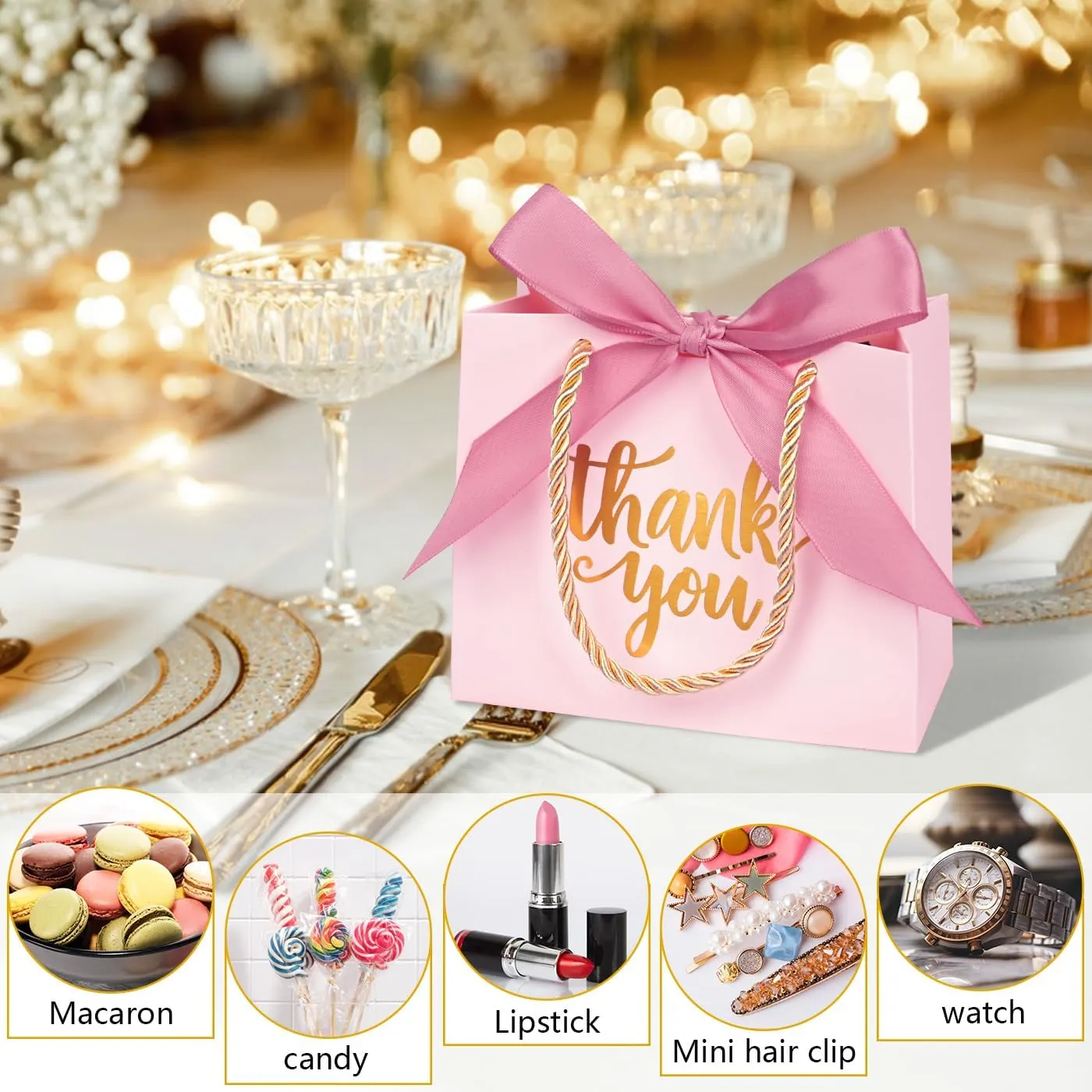 Nimbbex 50Pack Thank You Gift Bags with Handles, Party Favor Bags 5.5x2.3x4.7 Inches Small Pink Gift Bags with Handles, Mini Paper Candy Bags with Pink Ribbon for Wedding Baby Shower Birthday