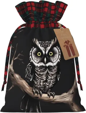 NONHAI Christmas Drawstring Gift Bags Late Night Owl Santa Bag Buffalo Christmas Burlap Bags with Gift Tags Upgraded Candy Gift Wrapping Bags for Christmas Presents Party Favor Goody Sack
